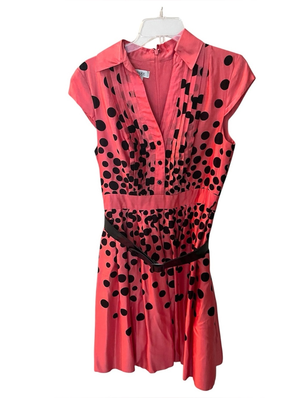 Kay Unger Retro 50s Polka Dot Cap Sleeve Dress - Coral with Black Dots